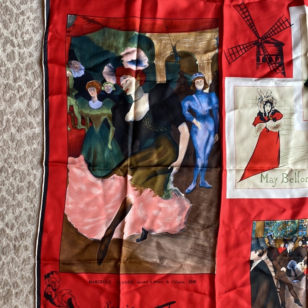 Toulouse Lautrec Moulin Rouge Art Themed Red Silk Scarf, 30” square - Picture 4 of 10